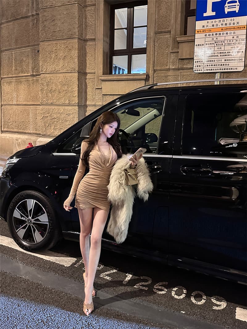 실사 레트로 섹시함 V넥 품격 몸매 가꾸기 슬림해 보이는 타이트 스커트 레이스 조각 여성 드레스 상세 이미지 10