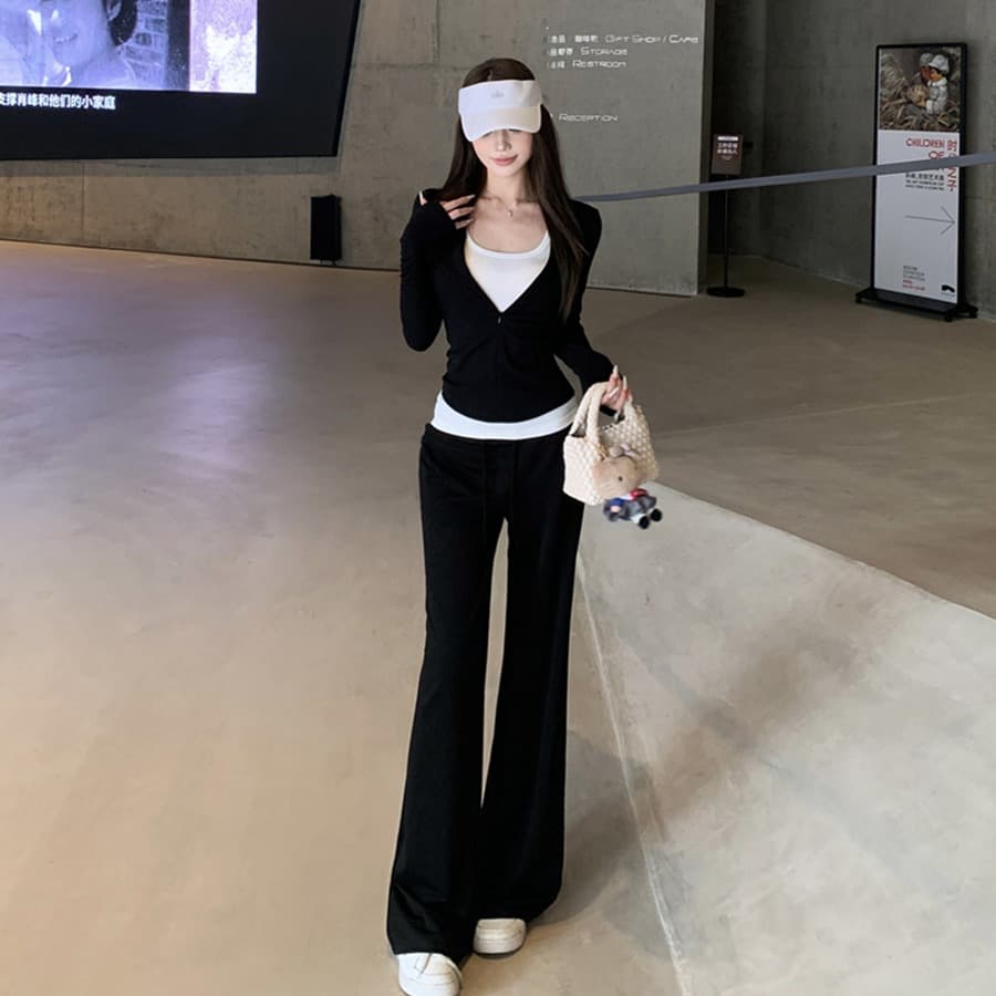 실사 이른 가을 섹시함 디자인 센스 지퍼 티셔츠 재킷 슬립 다용도 스트레이트 팬츠 긴 바지 여성복 이미지 5