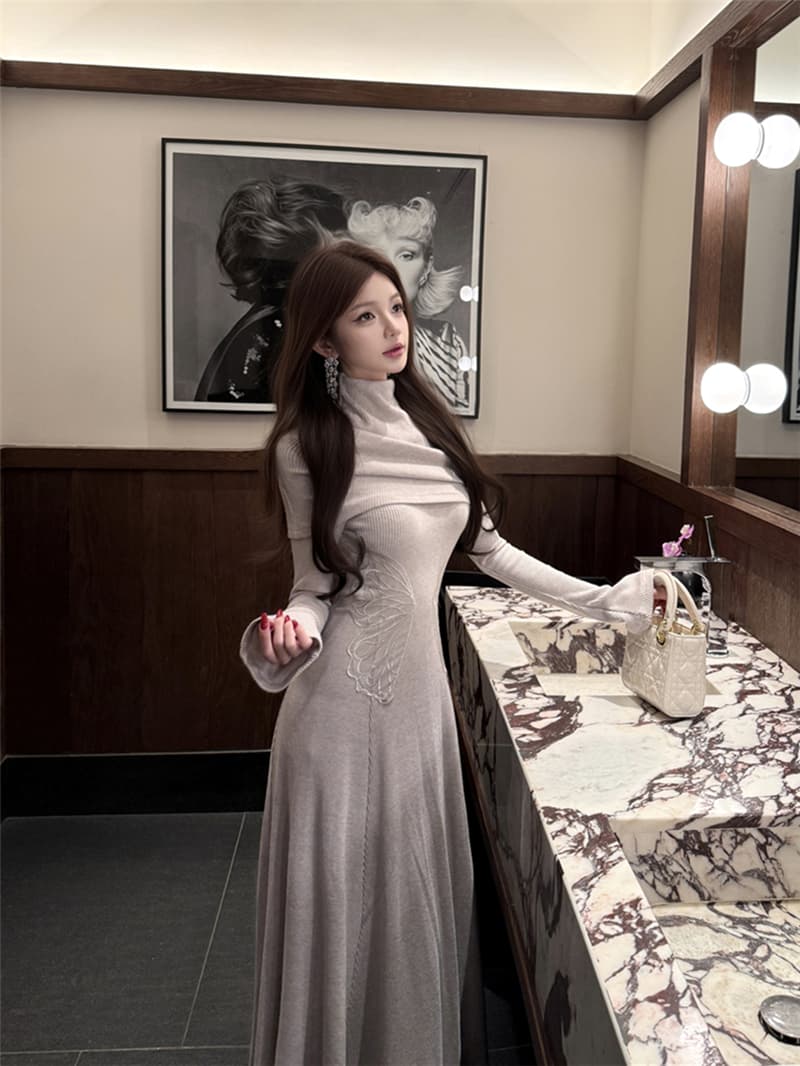 실사 레트로 섹시함 새로운 중식 개선 자수 허리 수축 슬림해 보이는 드레스 롱 스커트 숄 두 조각 여성 세트 상세 이미지 3