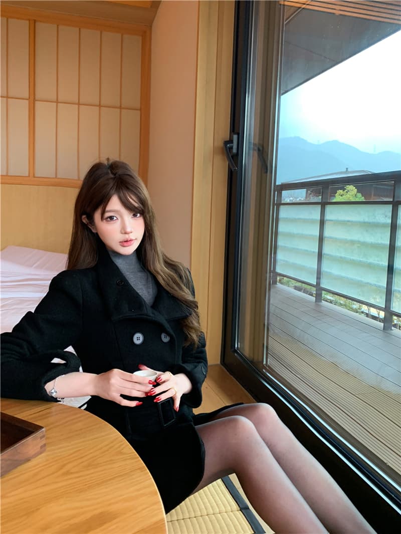 실사 가을 겨울 레트로 탈착식 치마 이중 버튼 슬림해 보이는 울 코트 허리 수축 여성 드레스 상세 이미지 12