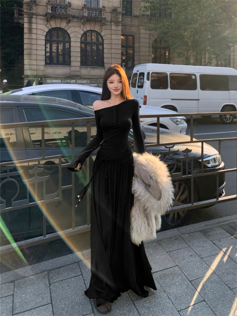 실사 가을 레트로 섹시함 새로운 인사이드 가져 가라. 동반자 긴팔 비스듬한 어깨 슬림해 보이는 롱 코트 여성 드레스 상세 이미지 1