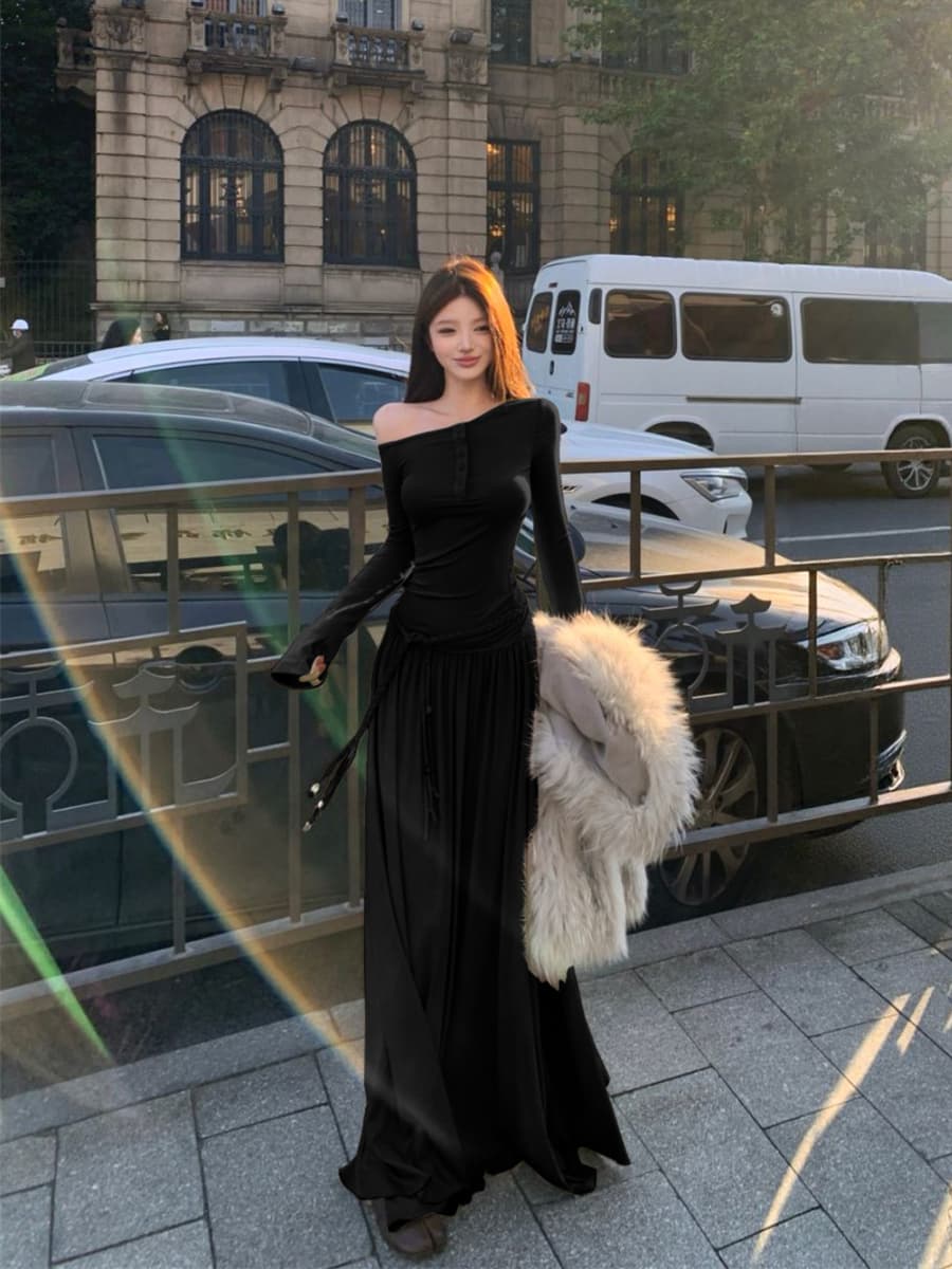 실사 가을 레트로 섹시함 새로운 인사이드 가져 가라. 동반자 긴팔 비스듬한 어깨 슬림해 보이는 롱 코트 여성 드레스 상세 이미지 22