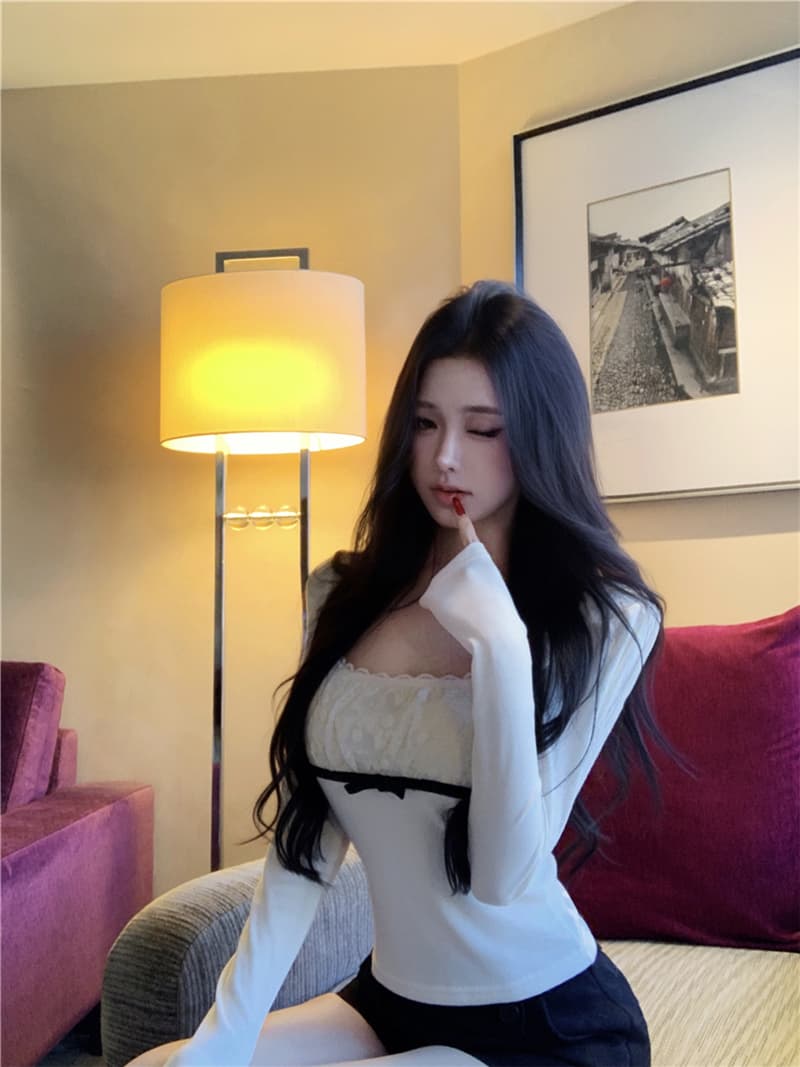 실사 섹시함 패치워크 레이스 나비 매듭 니트 티셔츠 맨위 여성 상세 이미지 3