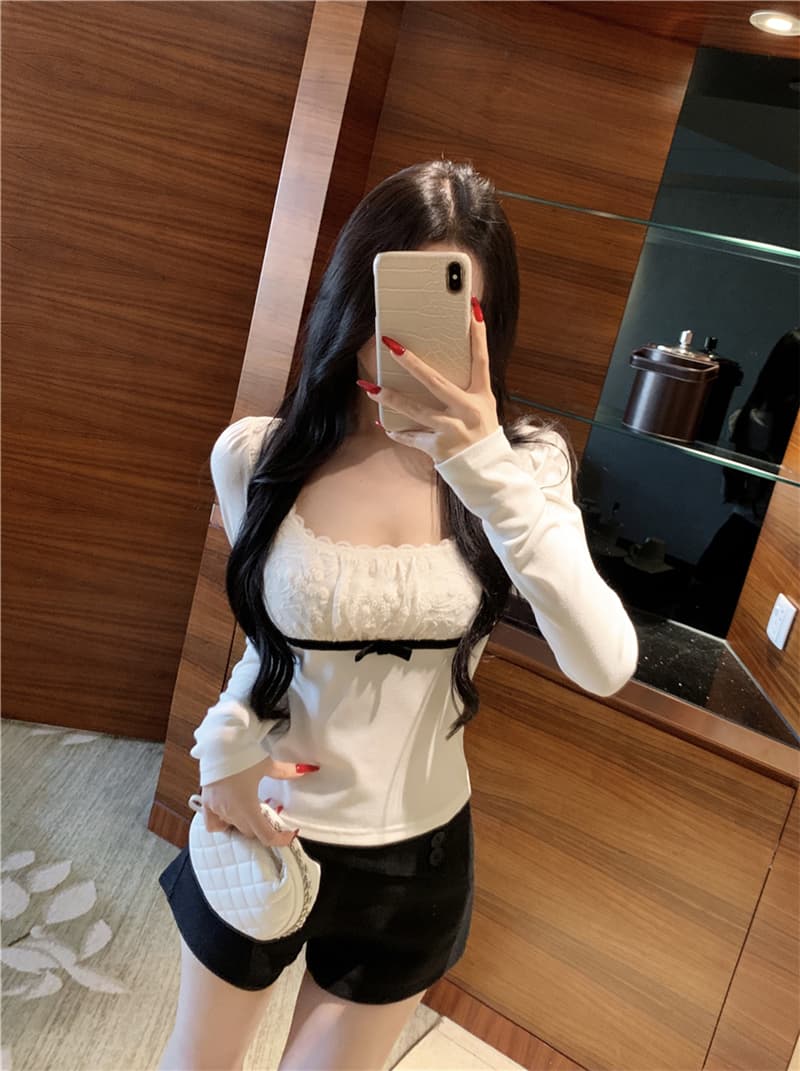실사 섹시함 패치워크 레이스 나비 매듭 니트 티셔츠 맨위 여성 상세 이미지 4