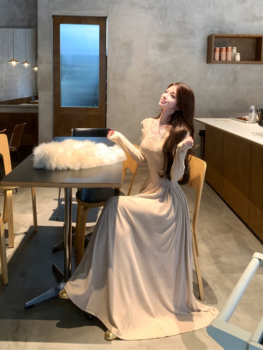 실사 레트로 섹시함 V넥 부드러운 레이스 레이스 큰 진자 드레스 허리 수축 슬림해 보이는 롱 스커트 여성 이미지 2