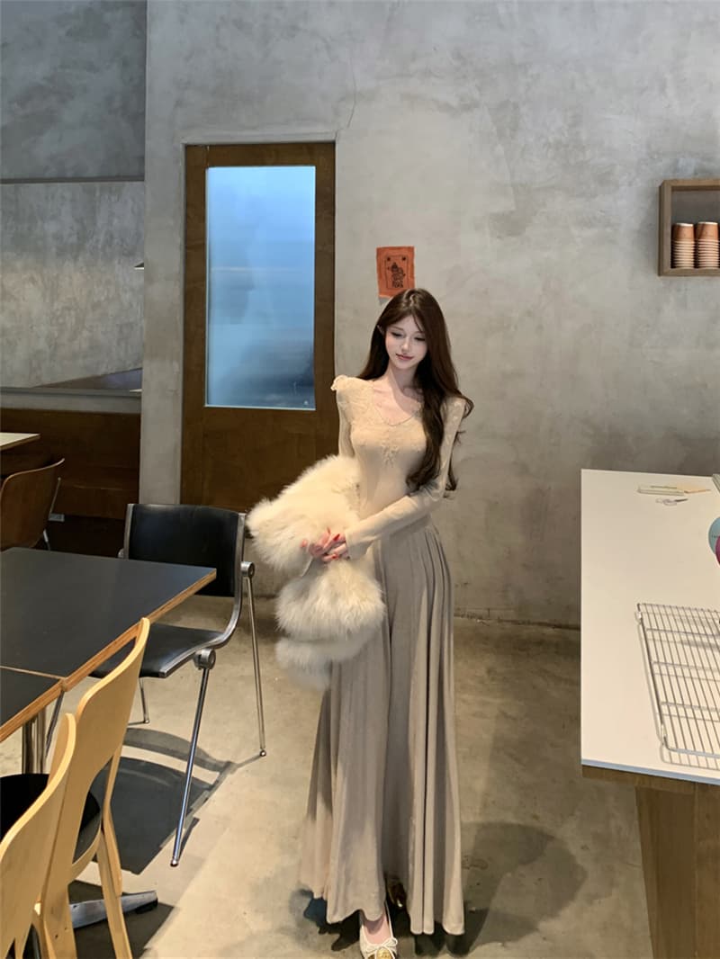 실사 레트로 섹시함 V넥 부드러운 레이스 레이스 큰 진자 드레스 허리 수축 슬림해 보이는 롱 스커트 여성 상세 이미지 10