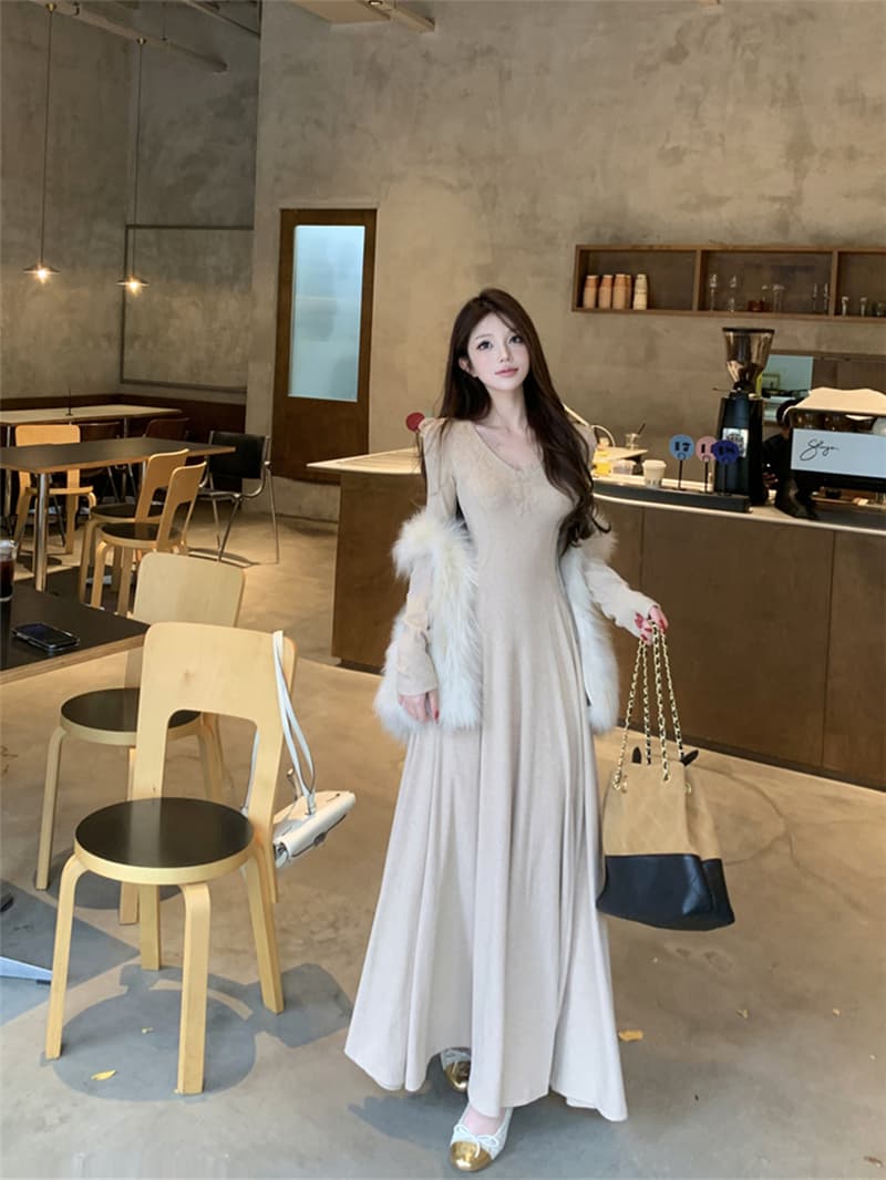 실사 레트로 섹시함 V넥 부드러운 레이스 레이스 큰 진자 드레스 허리 수축 슬림해 보이는 롱 스커트 여성 상세 이미지 11