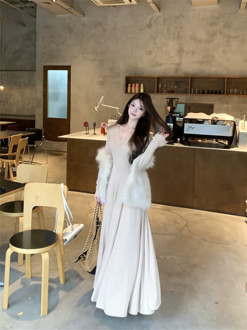 실사 레트로 섹시함 V넥 부드러운 레이스 레이스 큰 진자 드레스 허리 수축 슬림해 보이는 롱 스커트 여성 상세 이미지 12