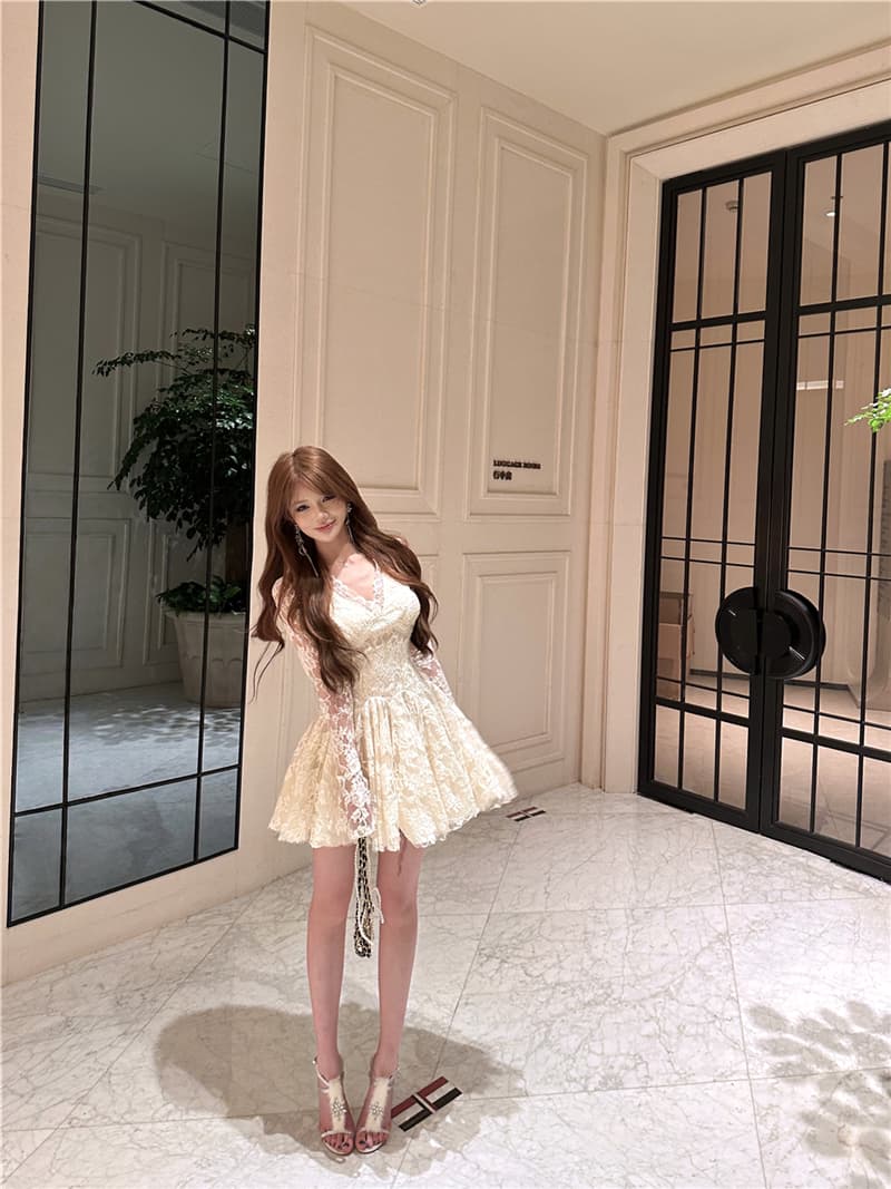 실사 가을 의상 프랑스식 V넥 레이스 긴팔 품격 무거운 작업 여성 드레스 상세 이미지 10