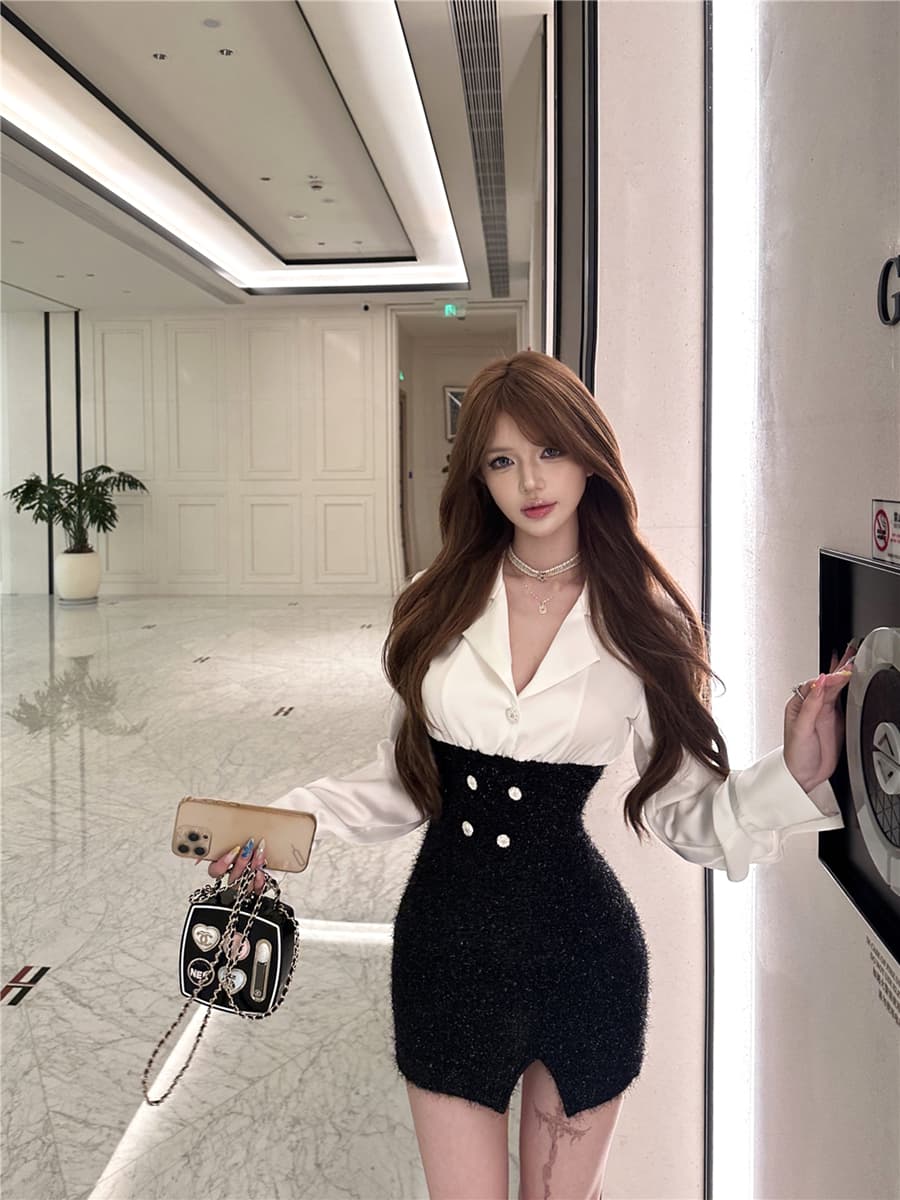 실사 이른 가을 섹시함 개미 하이웨이스트 반짝임 치마 새틴 페이크 레이어드 셔츠 몸매 가꾸기 타이트 스커트 여성 드레스