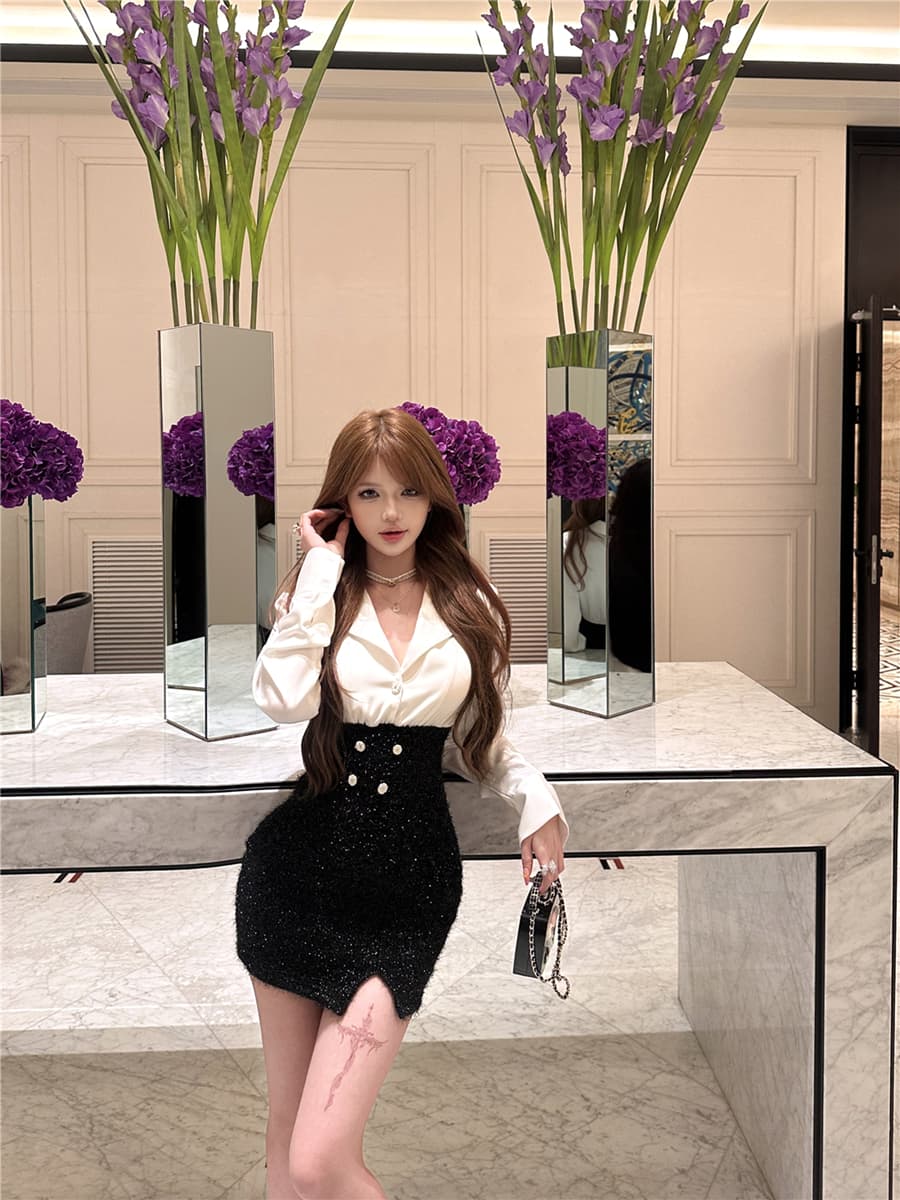 실사 이른 가을 섹시함 개미 하이웨이스트 반짝임 치마 새틴 페이크 레이어드 셔츠 몸매 가꾸기 타이트 스커트 여성 드레스 이미지 2