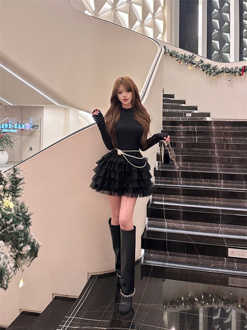 실사 가을 의상 레트로 순수한 욕망 검정색 드레스 천 골드 생일 치마 뒤로 홀로우 아웃 핫픽스 허리 수축 케이크 드레스 여성 상세 이미지 1