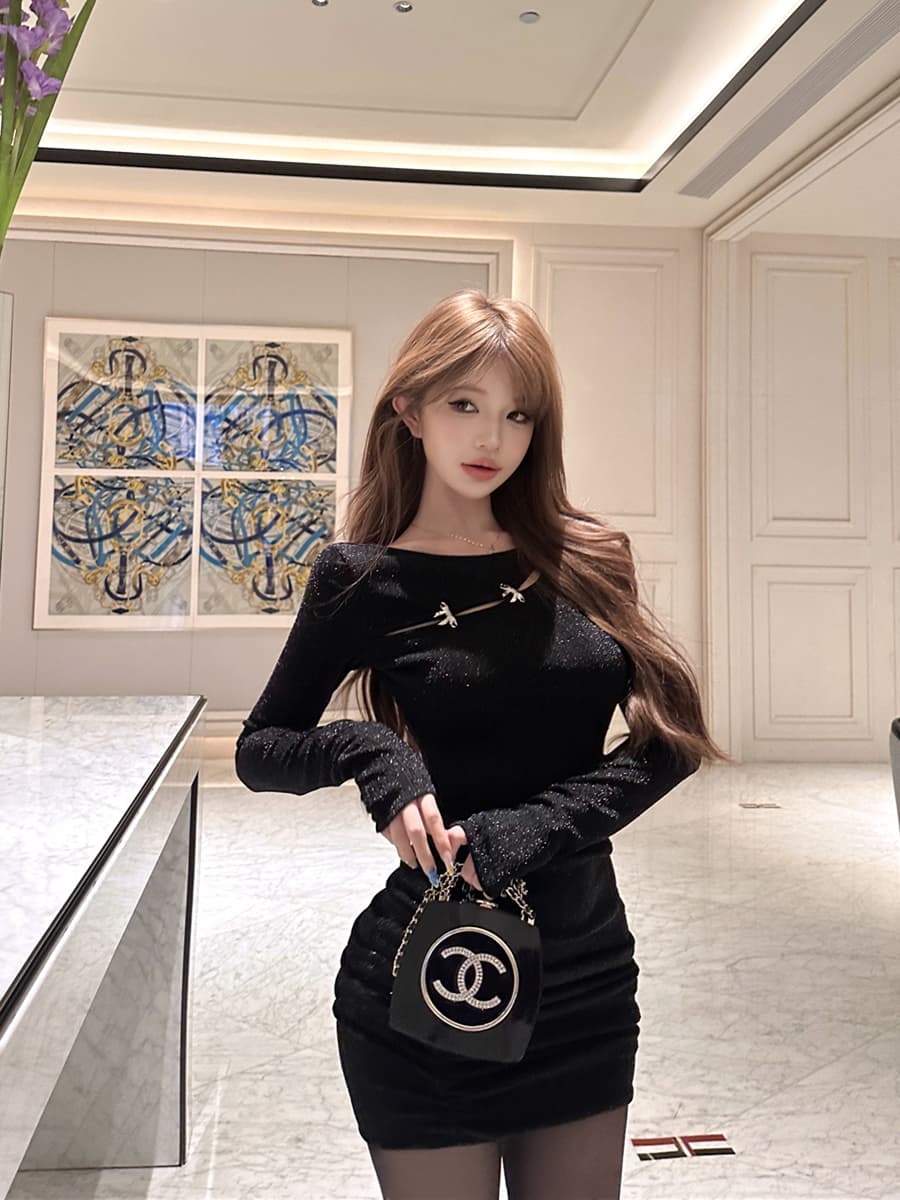 실사 레트로 섹시함 디자인 센스 홀로우 아웃 반짝임 전후 둘 착용 허리 수축 슬림해 보이는 타이트 스커트 여성 드레스 이미지 3