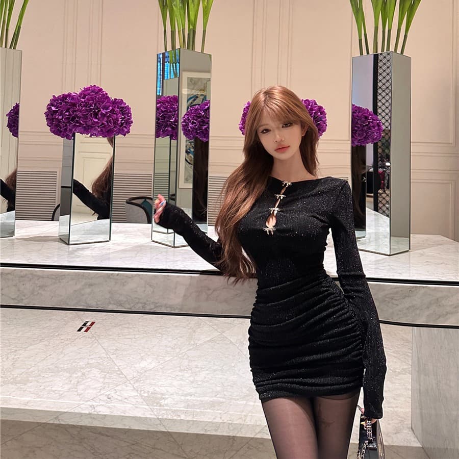 실사 레트로 섹시함 디자인 센스 홀로우 아웃 반짝임 전후 둘 착용 허리 수축 슬림해 보이는 타이트 스커트 여성 드레스 이미지 5