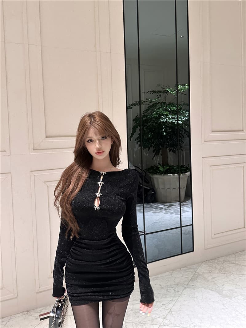 실사 레트로 섹시함 디자인 센스 홀로우 아웃 반짝임 전후 둘 착용 허리 수축 슬림해 보이는 타이트 스커트 여성 드레스 상세 이미지 1