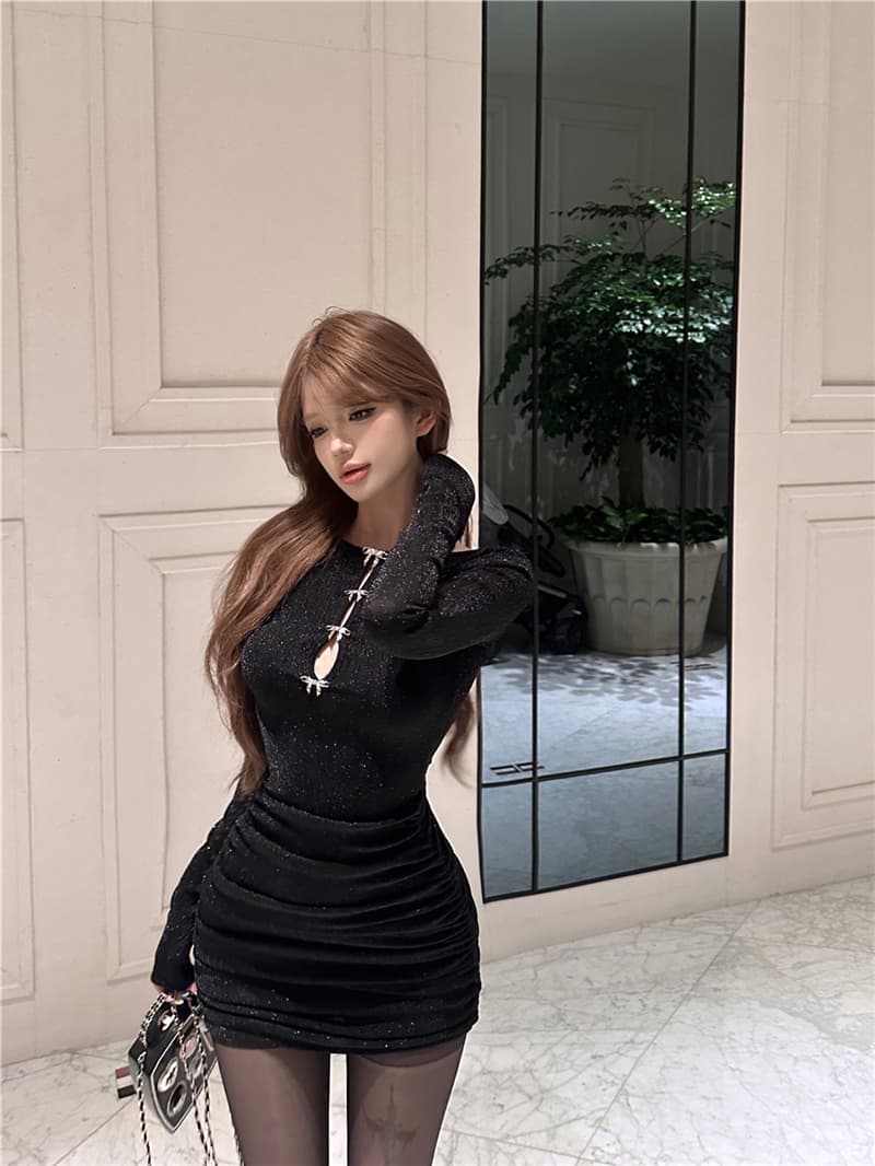실사 레트로 섹시함 디자인 센스 홀로우 아웃 반짝임 전후 둘 착용 허리 수축 슬림해 보이는 타이트 스커트 여성 드레스 상세 이미지 6