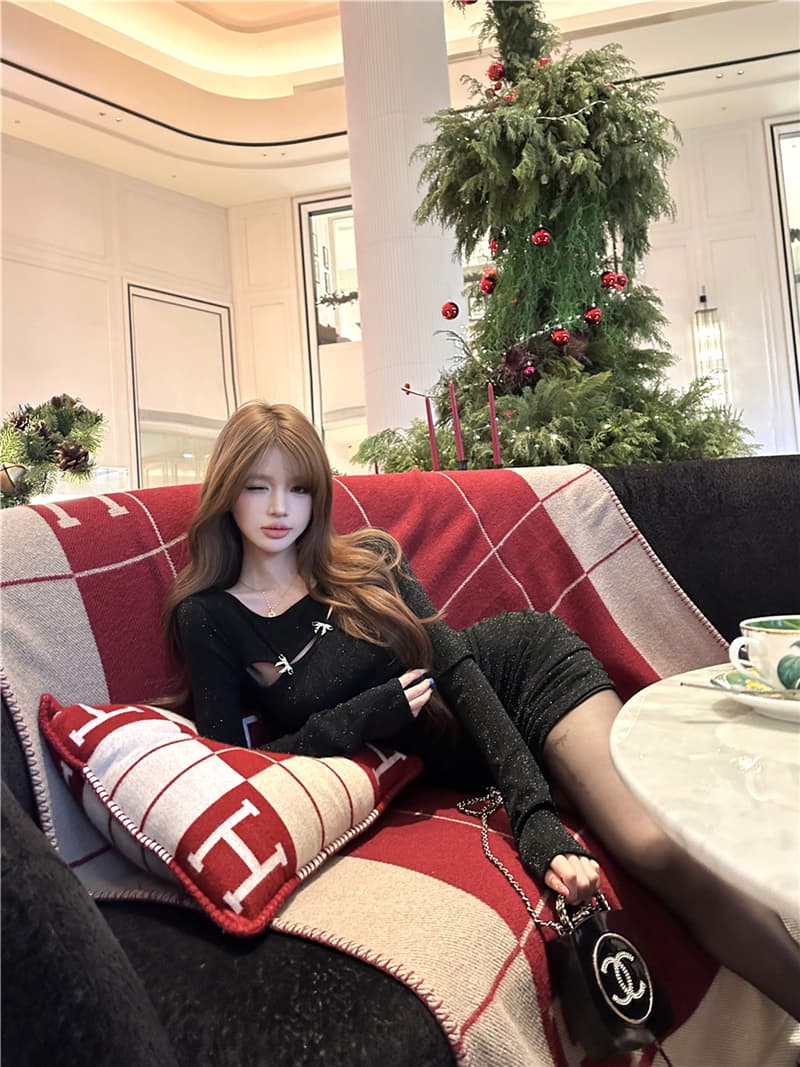 실사 레트로 섹시함 디자인 센스 홀로우 아웃 반짝임 전후 둘 착용 허리 수축 슬림해 보이는 타이트 스커트 여성 드레스 상세 이미지 10