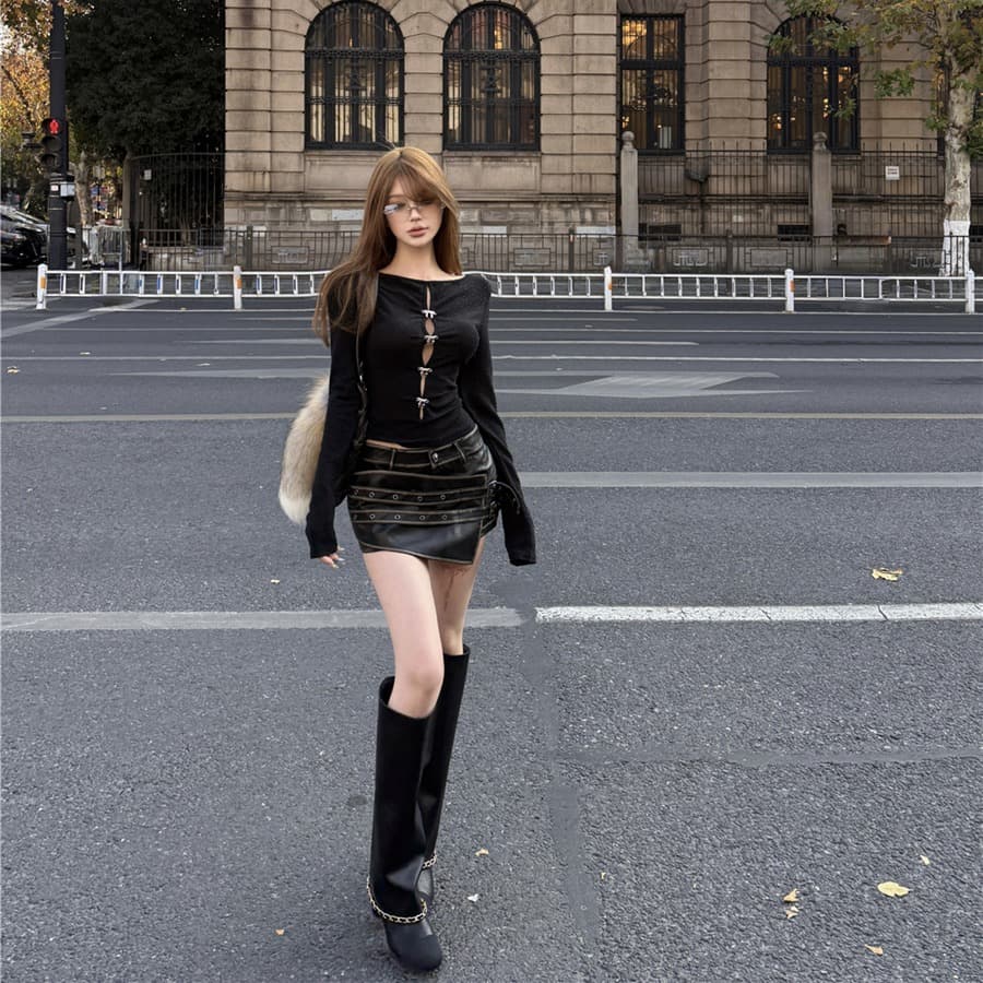 실사 가을 의상 레트로 섹시함 전후 둘 착용 나비 매듭 홀로우 아웃 긴팔 티셔츠 핫픽스 맨위 여성 이미지 5