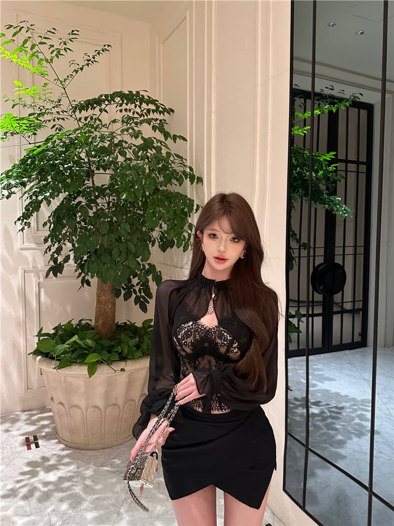 실사 레트로 섹시함 Tulle 벌룬 소매 숄 블라우스 레이스 캐미솔 두 조각 여성 세트 상세 이미지 6
