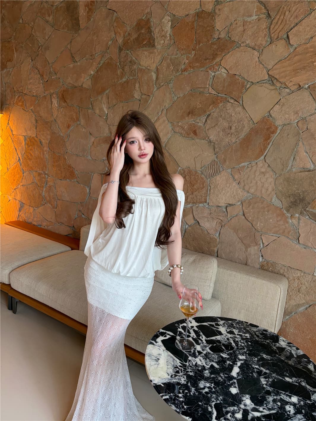 실사 여름 순수한 욕망 섹시함 주름 오프숄더 맨위 핫픽스 인어 꼬리 반신 스커트 타이트 스커트 롱 스커트 세트 여성 이미지 4