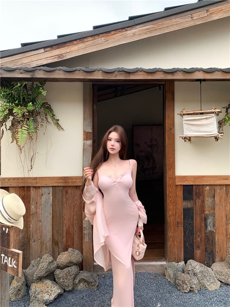 실사 여름 섹시함 허리 수축 슬림해 보이는 트임 타이트 스커트 슬립 드레스 롱 스커트 여성 태양 보호 셔츠 셔츠 재킷 상세 이미지 12
