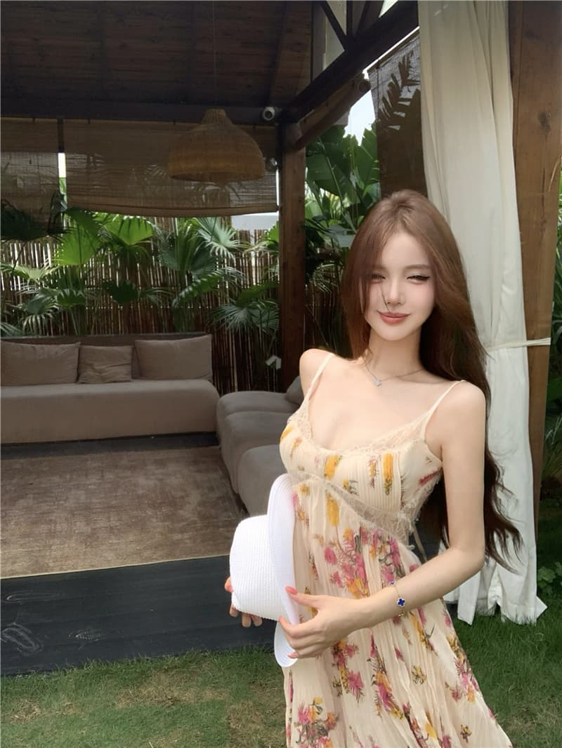 실사 여름 레트로 섹시함 순수한 욕망 V넥 프린트 레이스 슬립 맨위 여성 드레스 상세 이미지 30