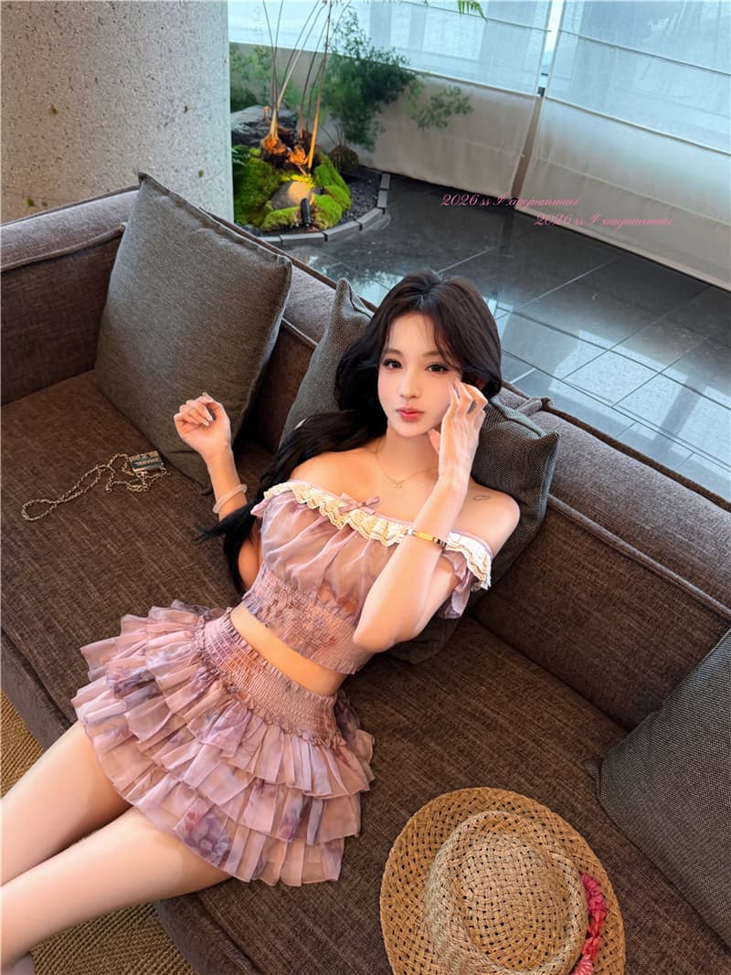 실사 여름 섹시함 히아신스 보라색 꽃무늬 허리 수축 명중 가져 가라. 맨위 케이크 치마바지 반신 치마 세트 여성 상세 이미지 2