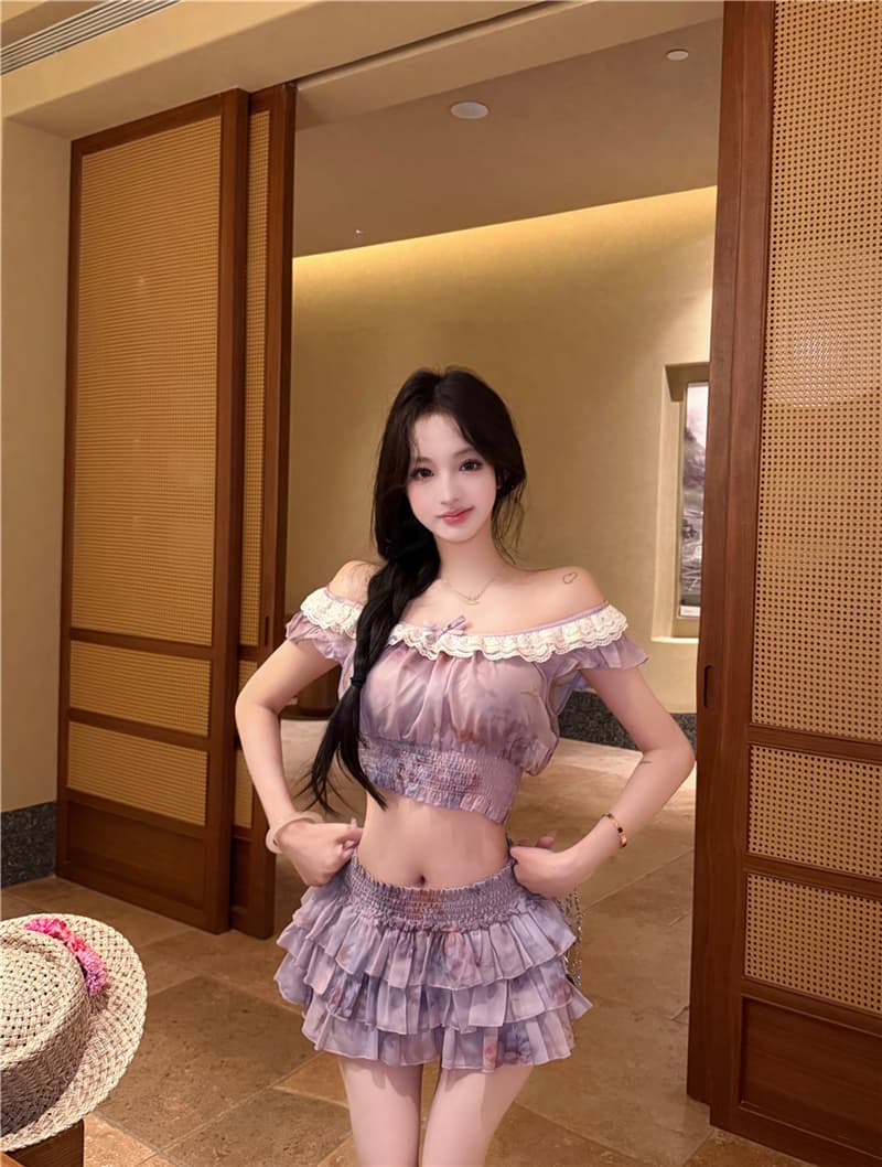 실사 여름 섹시함 히아신스 보라색 꽃무늬 허리 수축 명중 가져 가라. 맨위 케이크 치마바지 반신 치마 세트 여성 상세 이미지 3