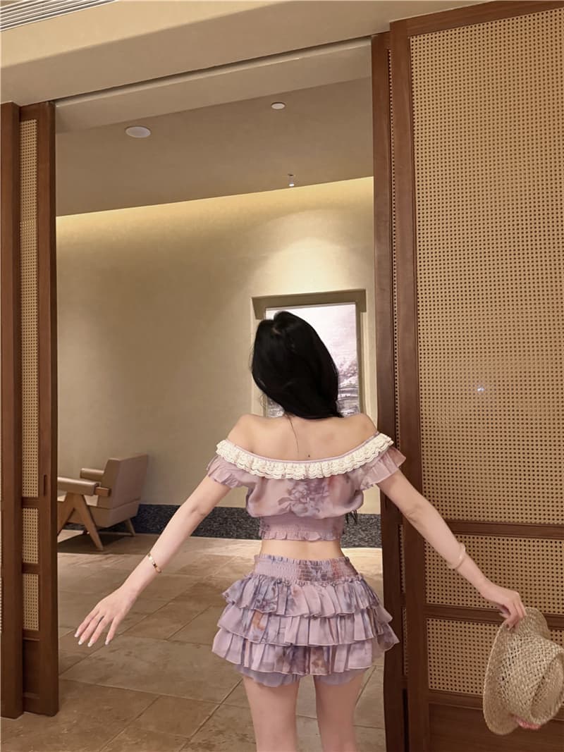 실사 여름 섹시함 히아신스 보라색 꽃무늬 허리 수축 명중 가져 가라. 맨위 케이크 치마바지 반신 치마 세트 여성 상세 이미지 16