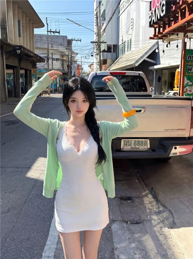 실사 여름 섹시함 V넥 순수한 욕망 레이스 슬립 드레스 타이트 스커트 니트 긴 소매 자외선 차단 오픈 가디건 여성 상세 이미지 3