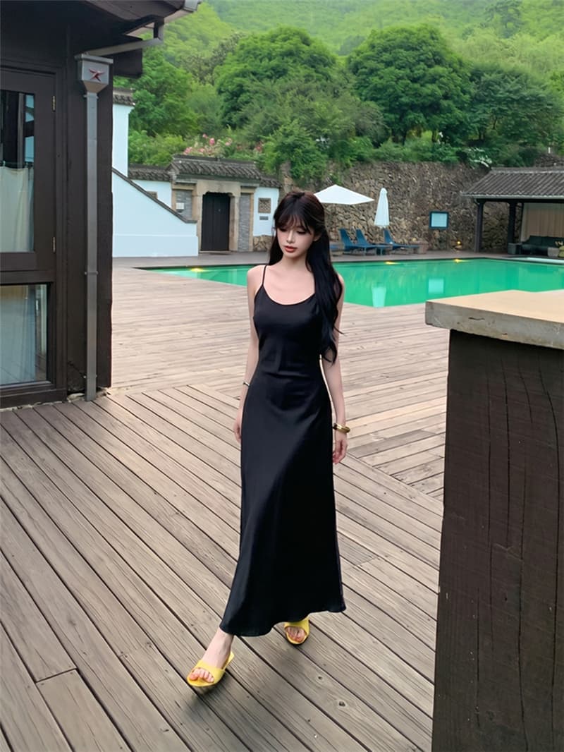 실사 여름 레트로 섹시함 V넥 고급 센스 슬림해 보이는 아세트산 슬립 드레스 롱 스커트 여성 상세 이미지 4