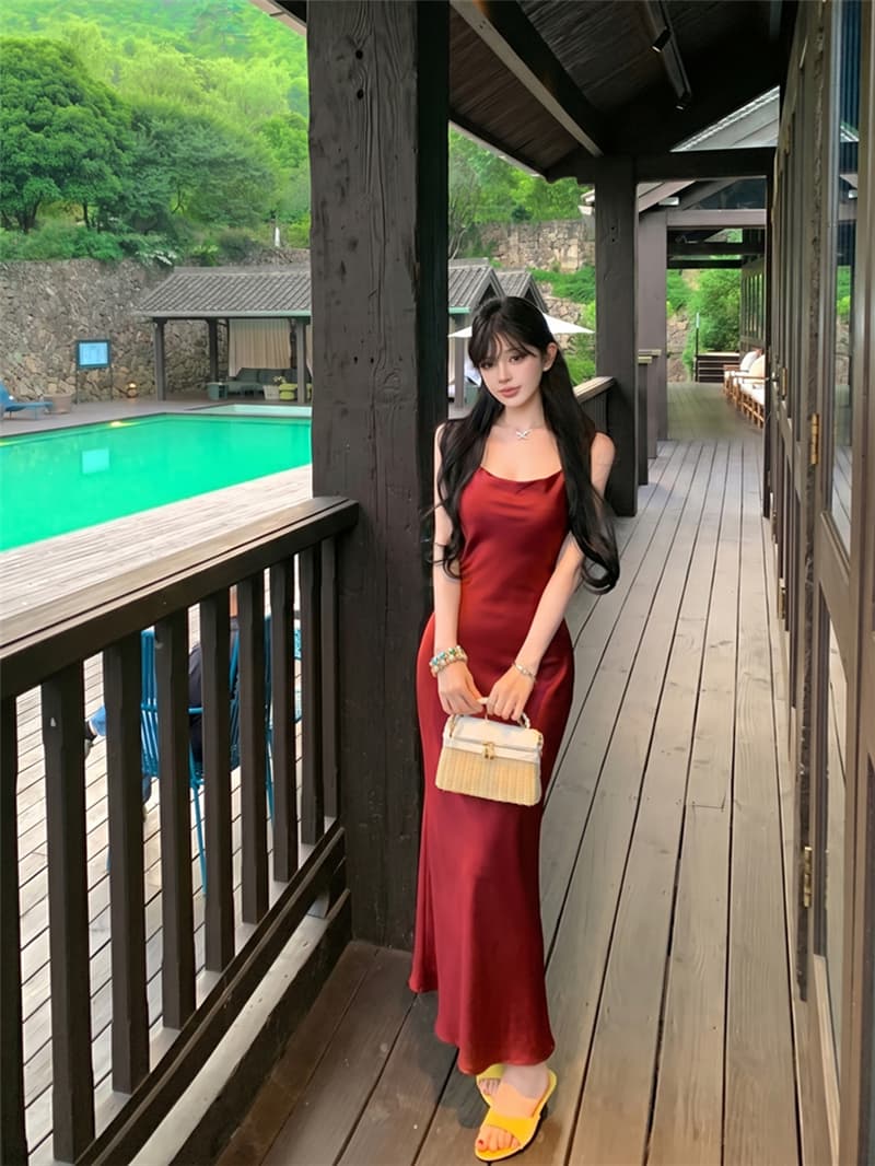 실사 여름 레트로 섹시함 V넥 고급 센스 슬림해 보이는 아세트산 슬립 드레스 롱 스커트 여성 상세 이미지 9