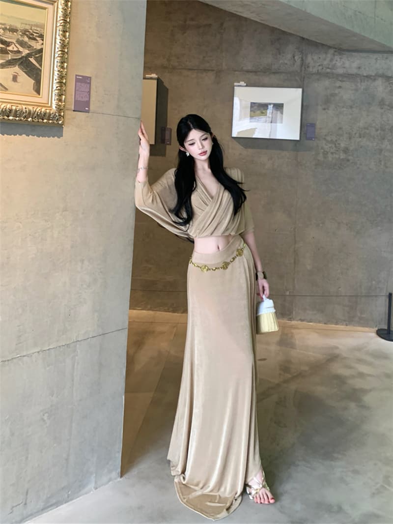 실사 레트로 섹시함 V넥 십자가 슬림해 보이는 맨위 하이웨이스트 트임 반신 스커트 롱 스커트 세트 여성 상세 이미지 2