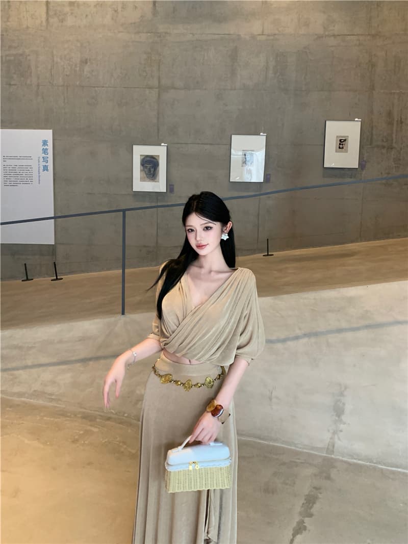 실사 레트로 섹시함 V넥 십자가 슬림해 보이는 맨위 하이웨이스트 트임 반신 스커트 롱 스커트 세트 여성 상세 이미지 9