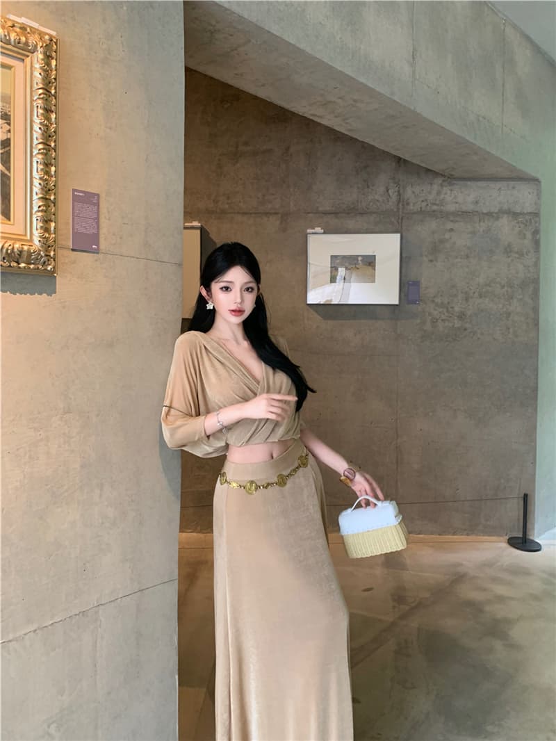 실사 레트로 섹시함 V넥 십자가 슬림해 보이는 맨위 하이웨이스트 트임 반신 스커트 롱 스커트 세트 여성 상세 이미지 10