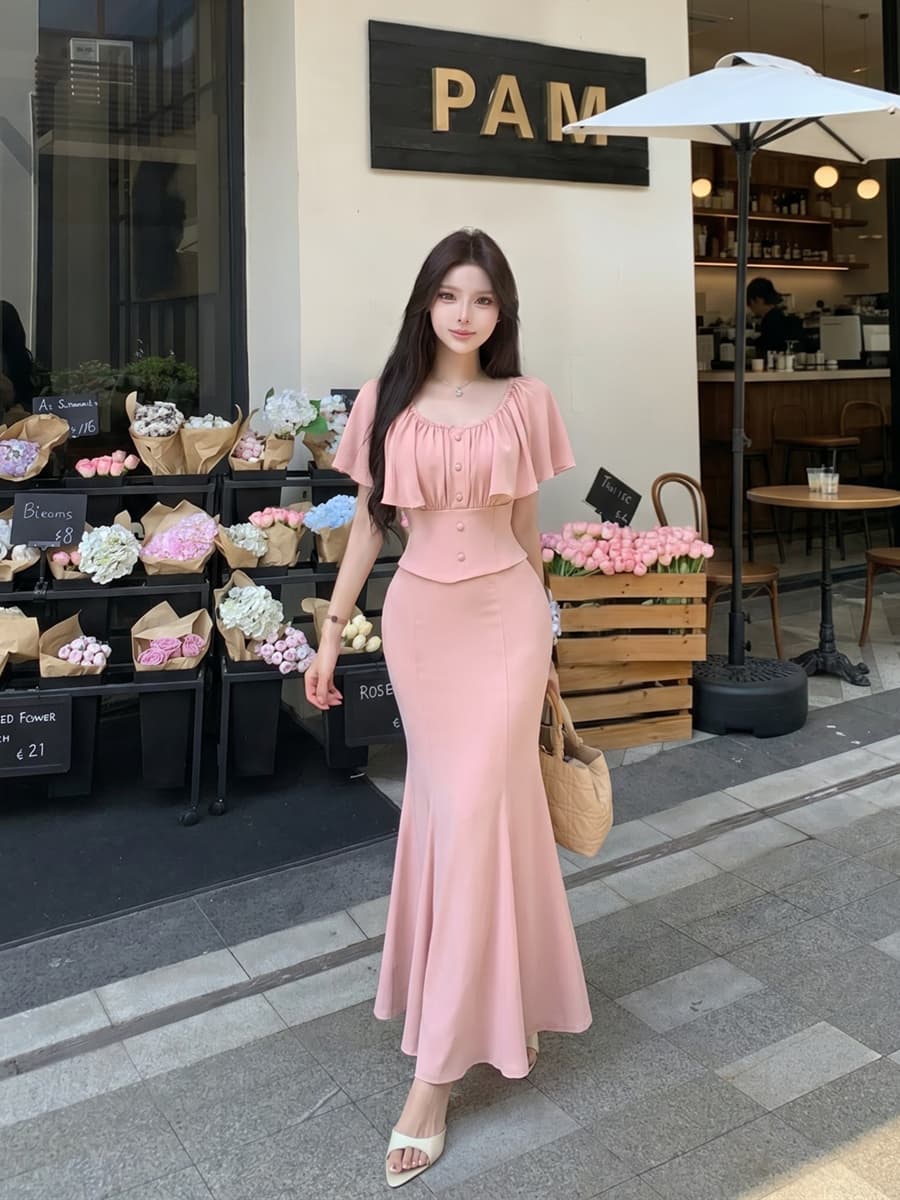 실사 여름 섹시함 허리 수축 슬림해 보이는 망토 맨위 하이웨이스트 타이트 스커트 인어 꼬리 스커트 반신 치마 세트 여성