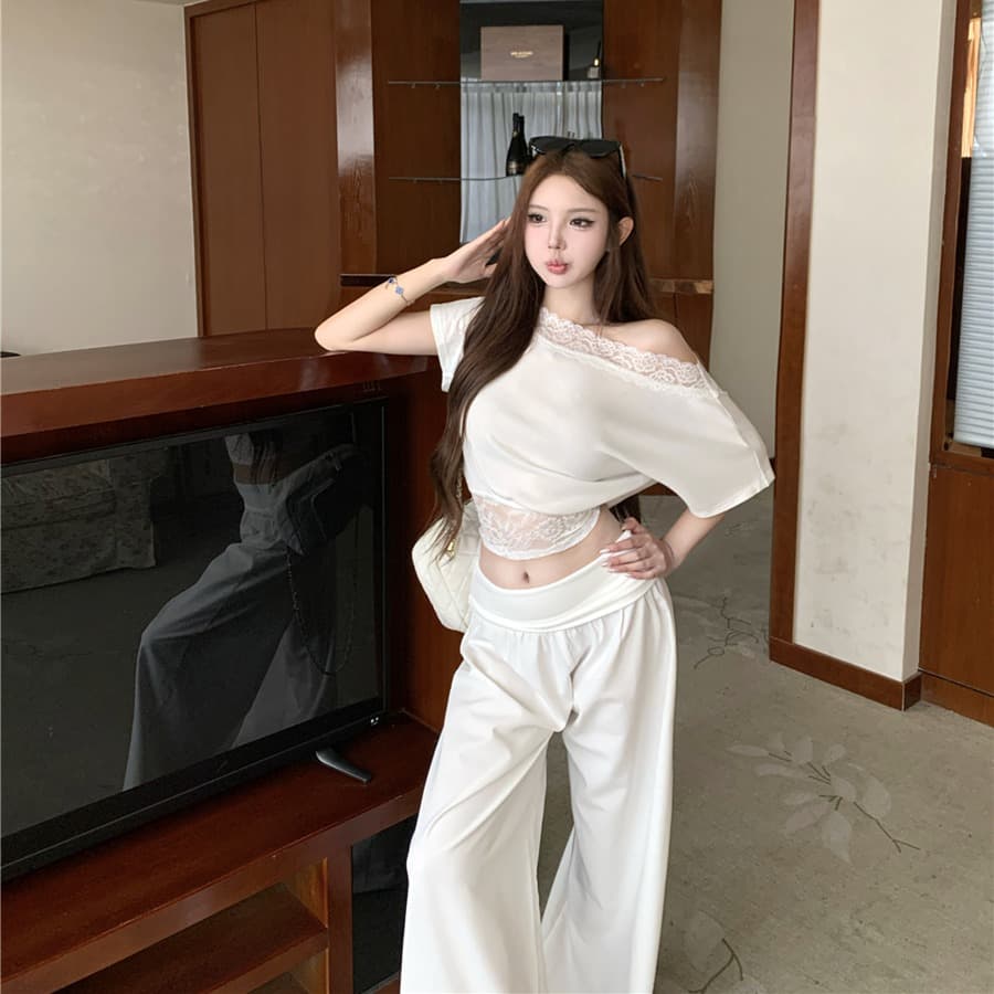 실사 여름 섹시함 레이스 조각 비스듬한 어깨 반팔 허리 수축 슬림해 보이는 티셔츠 루즈핏 스트레이트 와이드 레그 팬츠 세트 여성 이미지 5