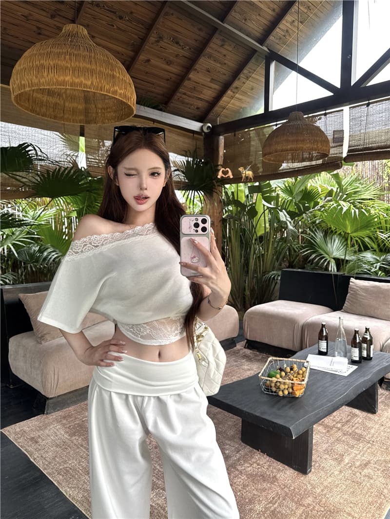실사 여름 섹시함 레이스 조각 비스듬한 어깨 반팔 허리 수축 슬림해 보이는 티셔츠 루즈핏 스트레이트 와이드 레그 팬츠 세트 여성 상세 이미지 1