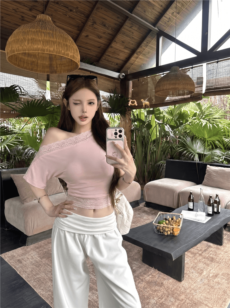 실사 여름 섹시함 레이스 조각 비스듬한 어깨 반팔 허리 수축 슬림해 보이는 티셔츠 루즈핏 스트레이트 와이드 레그 팬츠 세트 여성 상세 이미지 6