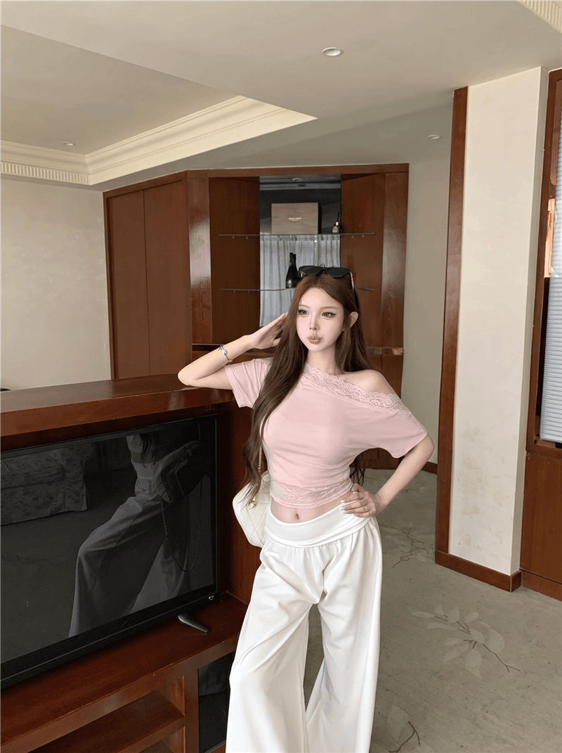 실사 여름 섹시함 레이스 조각 비스듬한 어깨 반팔 허리 수축 슬림해 보이는 티셔츠 루즈핏 스트레이트 와이드 레그 팬츠 세트 여성 상세 이미지 7