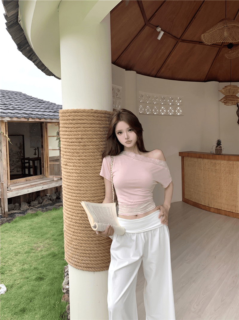 실사 여름 섹시함 레이스 조각 비스듬한 어깨 반팔 허리 수축 슬림해 보이는 티셔츠 루즈핏 스트레이트 와이드 레그 팬츠 세트 여성 상세 이미지 10