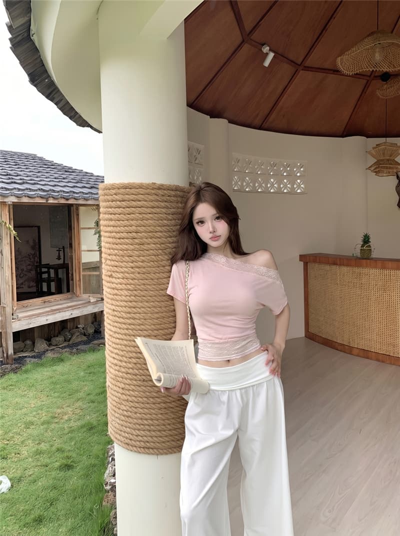 실사 여름 섹시함 레이스 조각 비스듬한 어깨 반팔 허리 수축 슬림해 보이는 티셔츠 루즈핏 스트레이트 와이드 레그 팬츠 세트 여성 상세 이미지 13