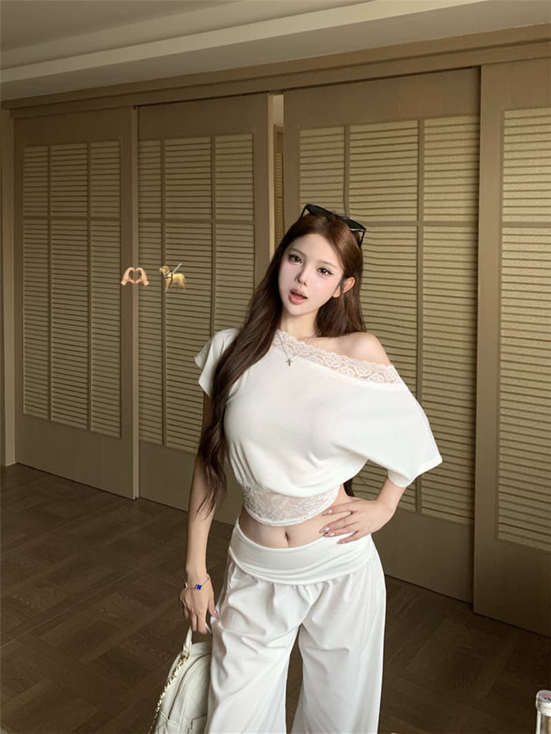 실사 여름 섹시함 레이스 조각 비스듬한 어깨 반팔 허리 수축 슬림해 보이는 티셔츠 루즈핏 스트레이트 와이드 레그 팬츠 세트 여성 상세 이미지 16