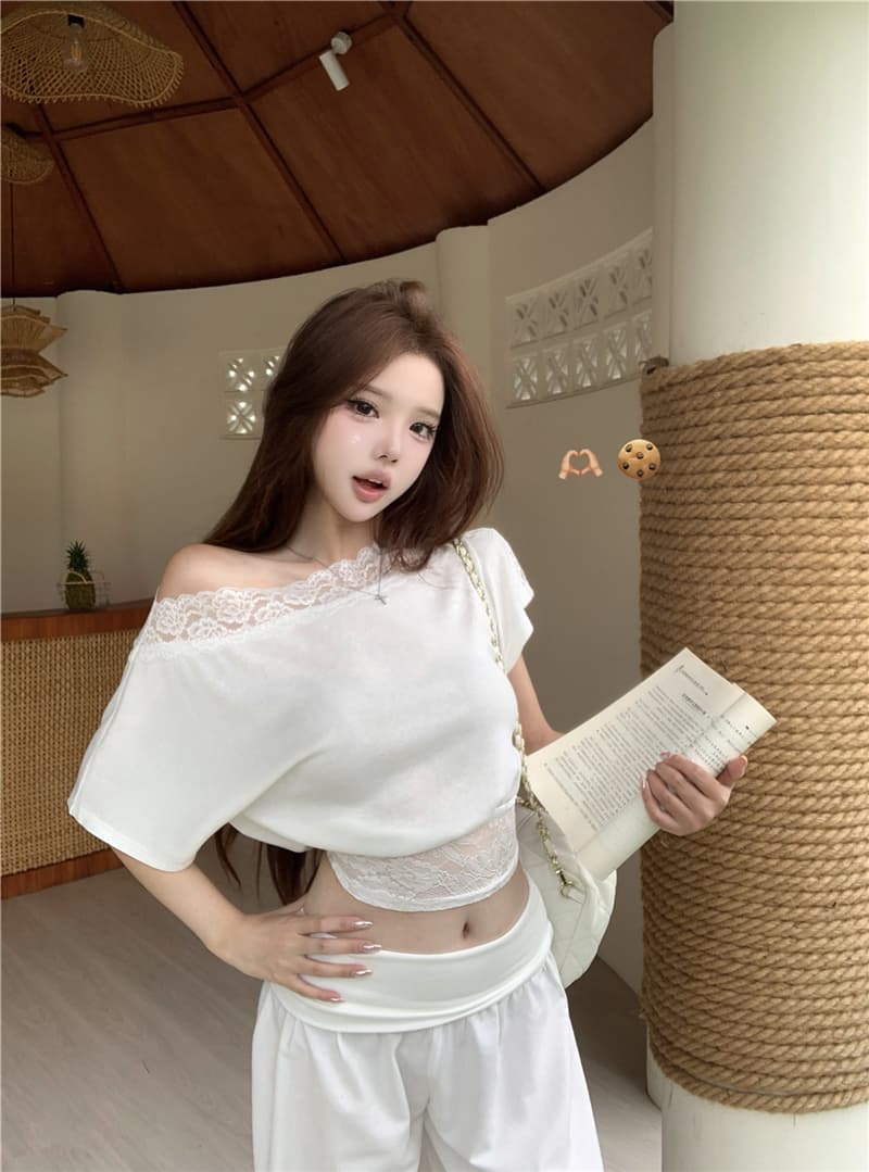 실사 여름 섹시함 레이스 조각 비스듬한 어깨 반팔 허리 수축 슬림해 보이는 티셔츠 루즈핏 스트레이트 와이드 레그 팬츠 세트 여성 상세 이미지 20