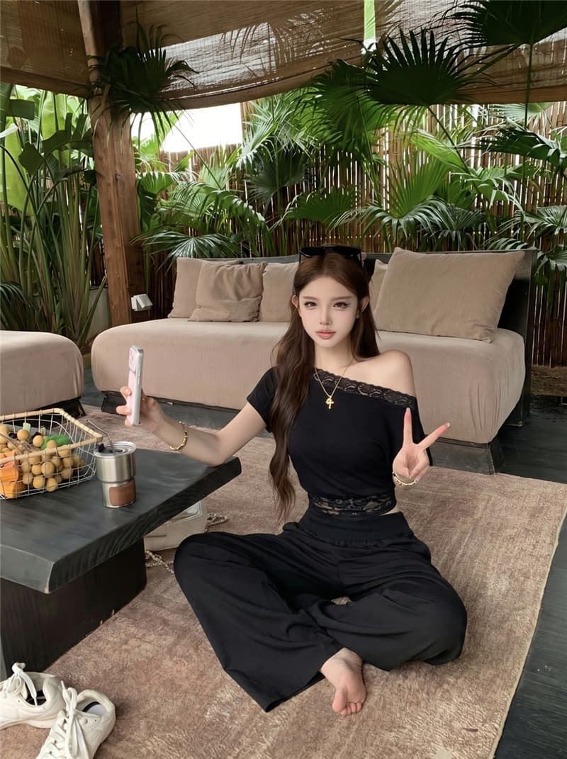 실사 여름 섹시함 레이스 조각 비스듬한 어깨 반팔 허리 수축 슬림해 보이는 티셔츠 루즈핏 스트레이트 와이드 레그 팬츠 세트 여성 상세 이미지 27