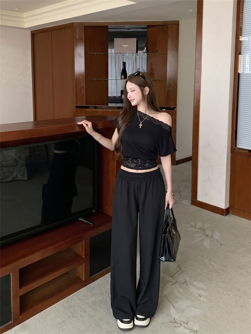 실사 여름 섹시함 레이스 조각 비스듬한 어깨 반팔 허리 수축 슬림해 보이는 티셔츠 루즈핏 스트레이트 와이드 레그 팬츠 세트 여성 상세 이미지 29