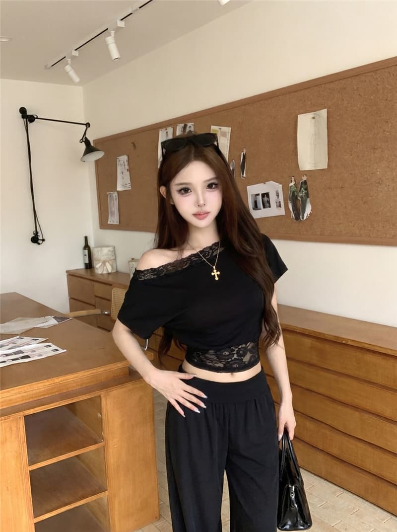 실사 여름 섹시함 레이스 조각 비스듬한 어깨 반팔 허리 수축 슬림해 보이는 티셔츠 루즈핏 스트레이트 와이드 레그 팬츠 세트 여성 상세 이미지 31