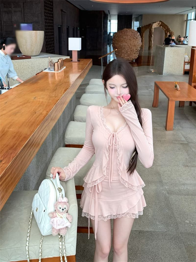 실사 여름 섹시함 발레 바람 레이스 레이스 맨위 슬립 자외선 차단 오픈 가디건 타이트 스커트 반신 치마바지 세트 여성 상세 이미지 1