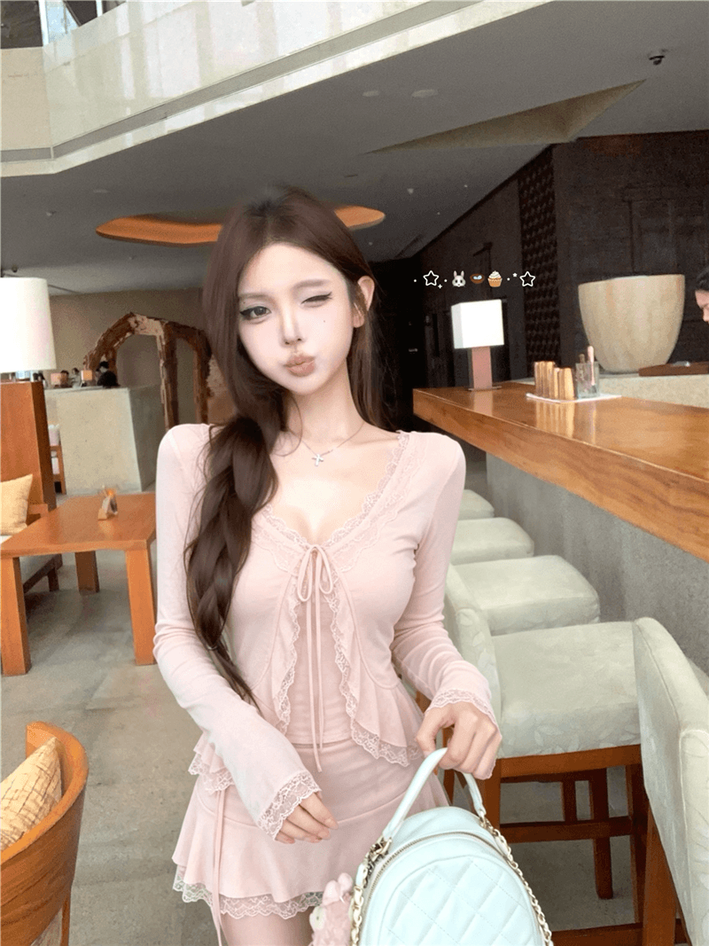 실사 여름 섹시함 발레 바람 레이스 레이스 맨위 슬립 자외선 차단 오픈 가디건 타이트 스커트 반신 치마바지 세트 여성 상세 이미지 3