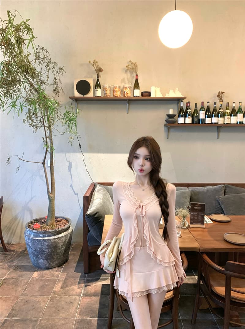 실사 여름 섹시함 발레 바람 레이스 레이스 맨위 슬립 자외선 차단 오픈 가디건 타이트 스커트 반신 치마바지 세트 여성 상세 이미지 12